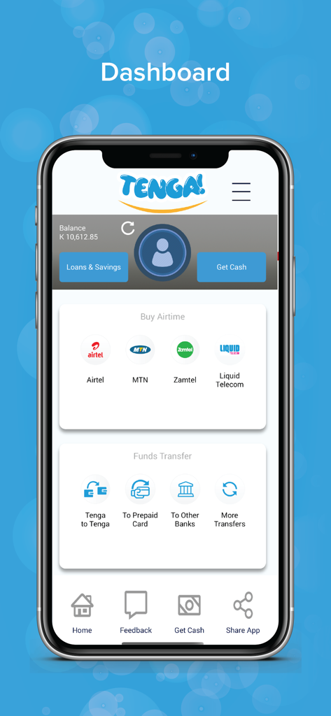 Tenga Mobile Money - Panel de la aplicación Tenga Mobile Money que muestra opciones de recarga de saldo y transferencia de fondos