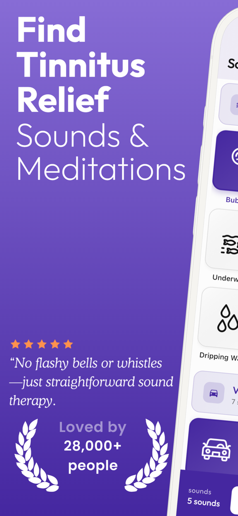 Tinnitus Sound Therapy RngAway - Pantalla de la aplicación Tinnitus Sound Therapy que muestra sonidos de alivio y meditaciones para el zumbido en los oídos