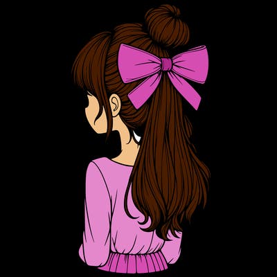 realistic girl  with hip length hair a bun and a big bow on the back of head