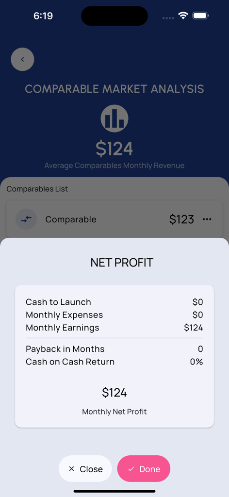 Rentalizer app interface showing a net profit calculation summary with monthly earnings and cash on cash return