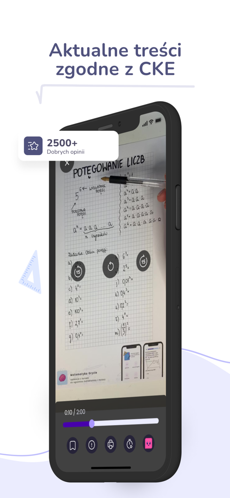 Smartphone screen displaying a video lesson on exponentiation in the Matematyka Gryzie educational app