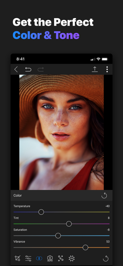 Professional color and tone editing interface in ON1 Photo RAW mobile app