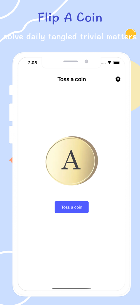 Interface de um aplicativo móvel mostrando um recurso virtual de lançamento de moeda para tomar decisões rápidas.