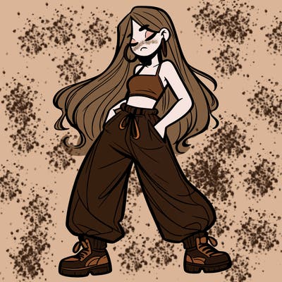girl in baggy pants crop top and long hair