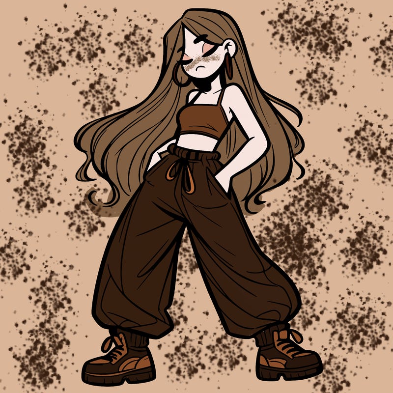 girl in baggy pants crop top and long hair