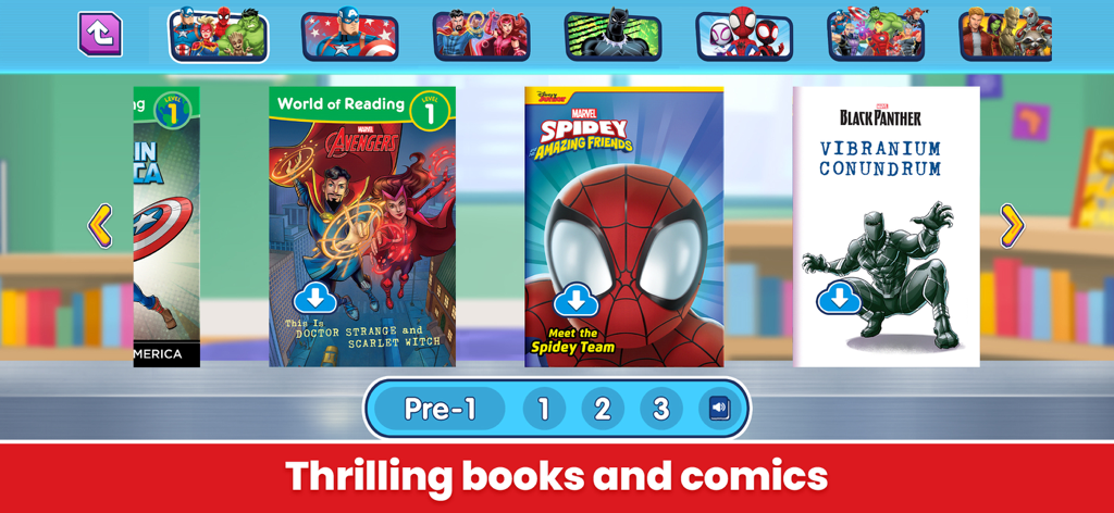Estantería digital en la aplicación Marvel HQ mostrando varios libros y cómics de superhéroes para niños
