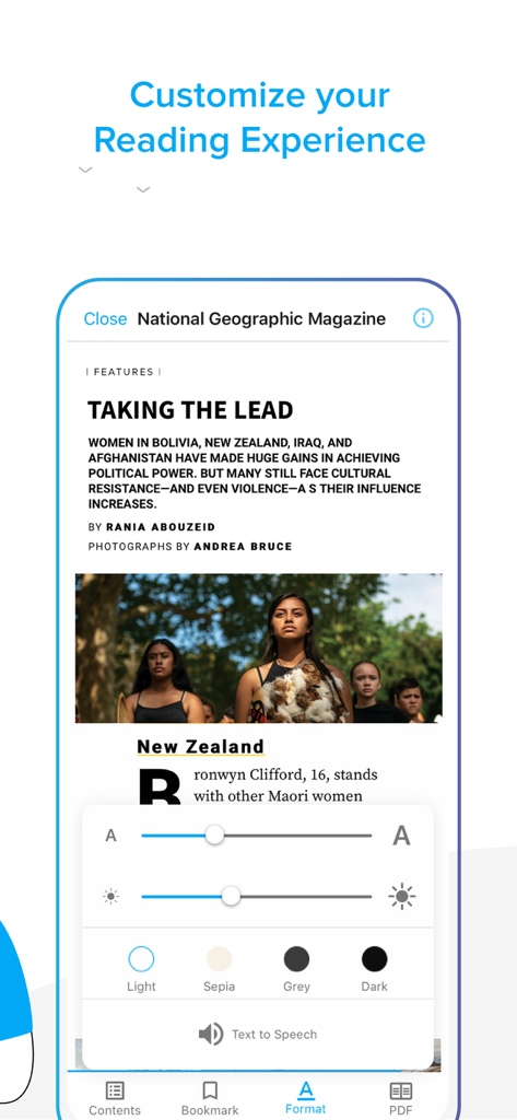 ZINIO - Magazine Newsstand - ZINIOアプリのインターフェース。デジタルマガジン記事のフォントサイズとテーマのカスタマイズ設定が表示されています。