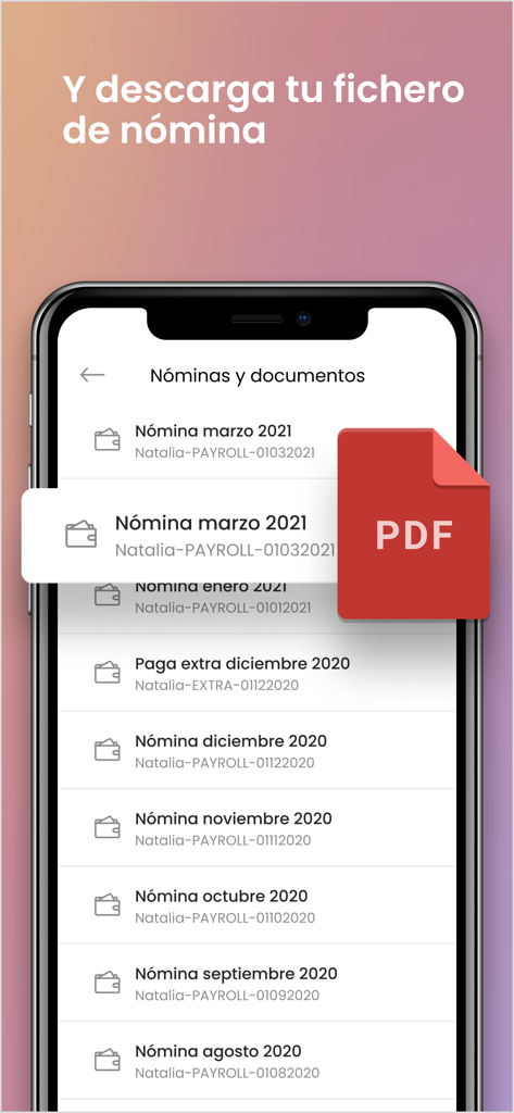 Dialenga - Pantalla móvil de la aplicación Dialenga que muestra una lista de documentos de nómina mensuales con un gran icono de descarga de PDF