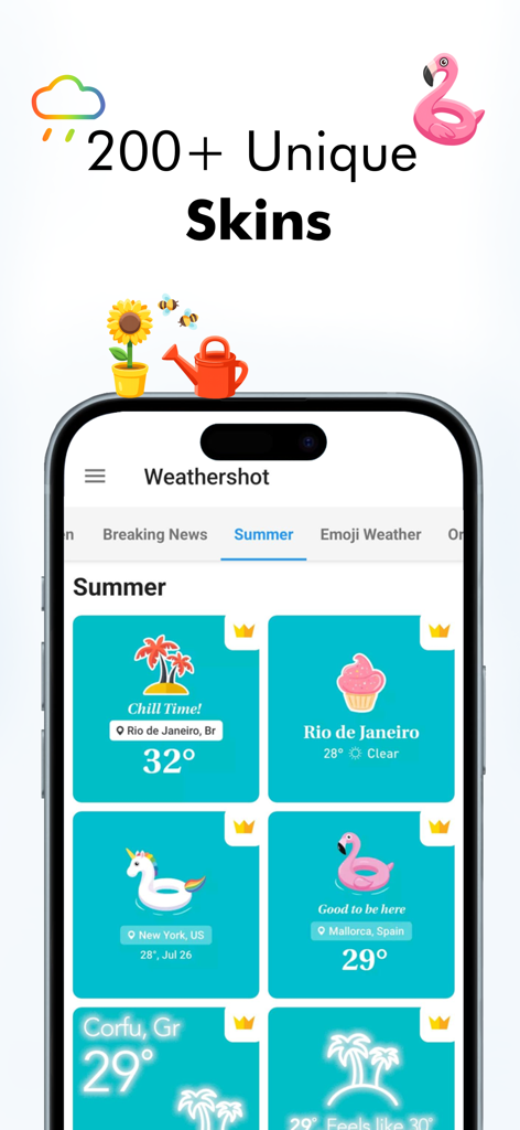 Weathershot - Instaweather - Smartphone screen showing a collection of colorful summer-themed weather overlay templates and skins in the Weathershot app