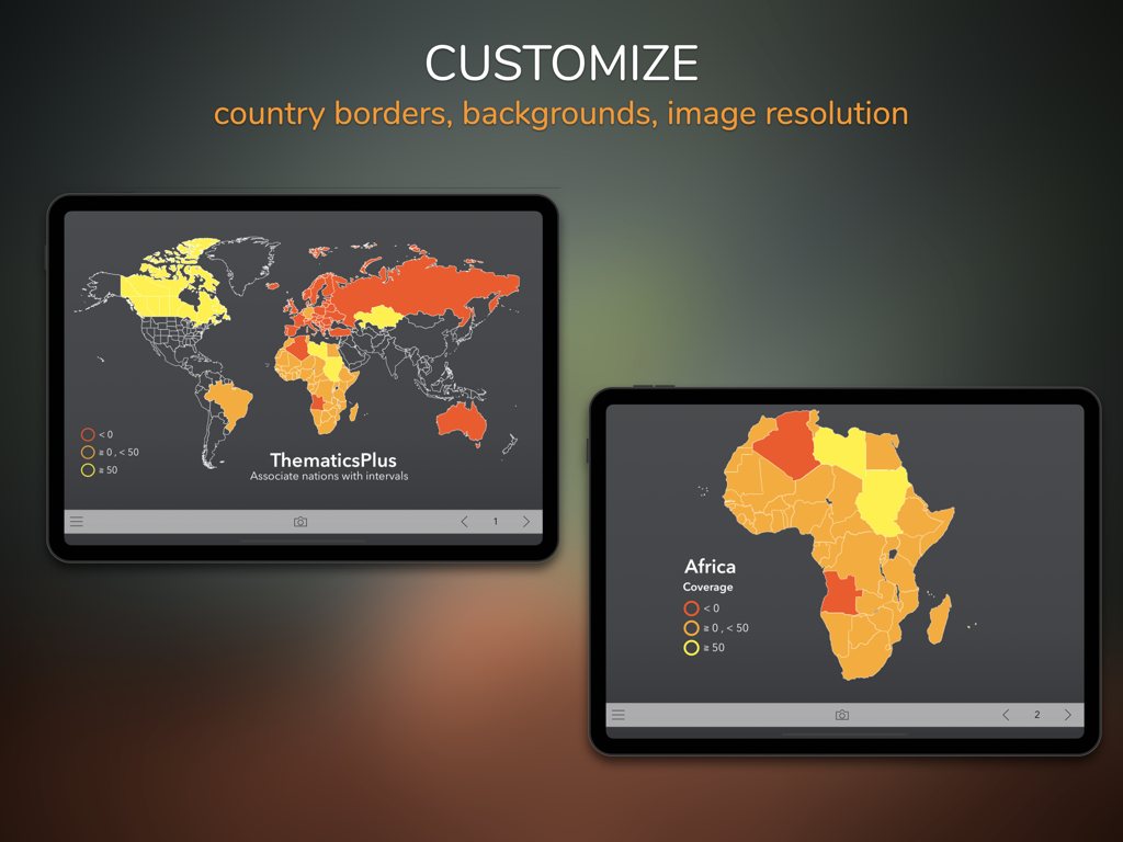 Thematics+ for Infographics - iPad-Bildschirme, die Anpassungsoptionen für thematische Welt- und Afrikakarten mit farbkodierten Datenintervallen zeigen
