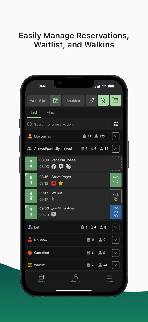 Servme - Servme App-Oberfläche zur Verwaltung von Restaurantreservierungen, Laufkundschaft und Gästebuchungen