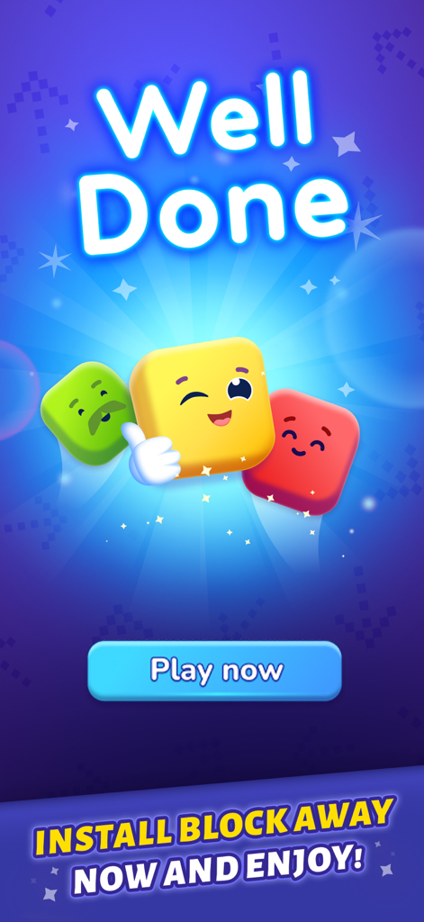 Block Away - Tap Out Puzzle - Un écran de célébration dans Block Away avec les mots Bien joué et des personnages de blocs heureux avec un bouton Jouer maintenant