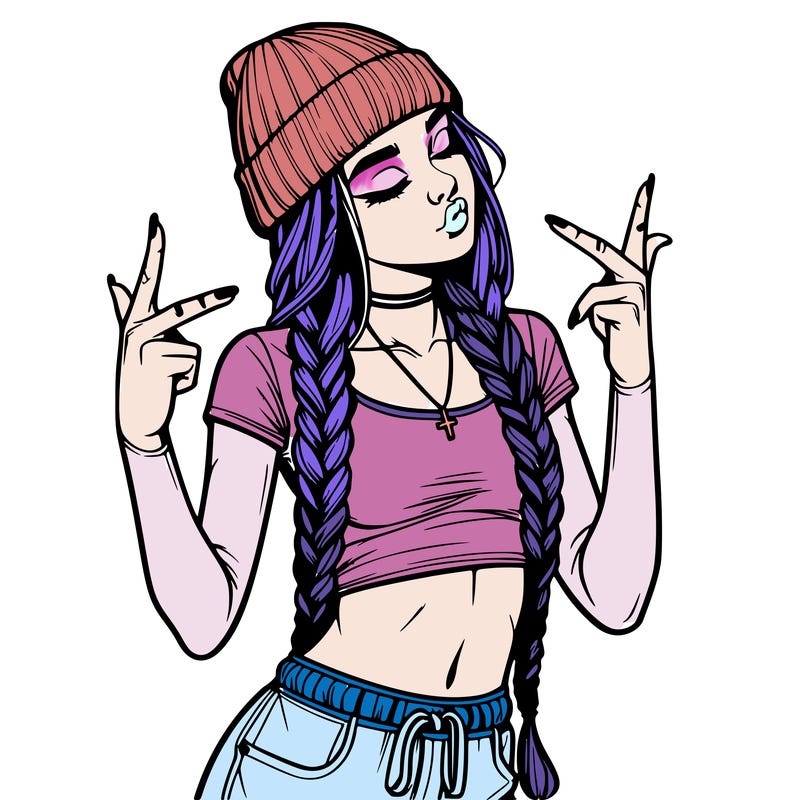 realistic teenage girl with braids and a beanie and crop top doing 🫶🏼
