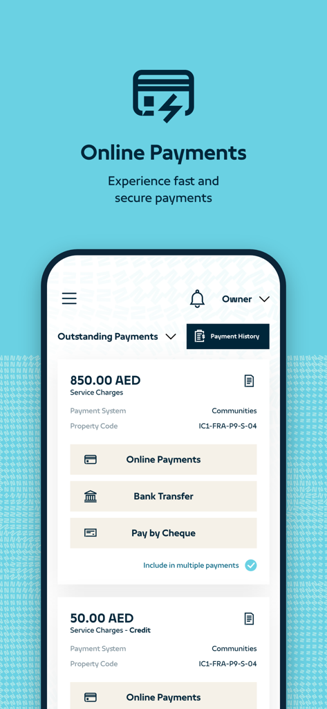 My Nakheel - My Nakheelアプリのインターフェース。オンライン支払いオプションと物件オーナー向けの未払いサービス料金を表示。
