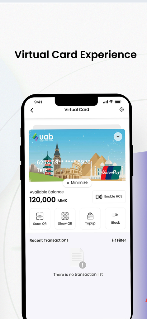 uabpay App virtueller Kartenbildschirm mit UnionPay-Logo und aktuellem Guthaben