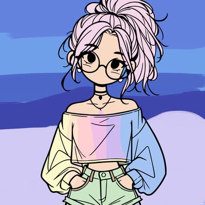girl with a messy ponytail glasses a baggy crop top and jean shorts