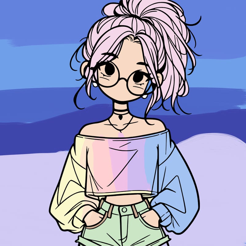 girl with a messy ponytail glasses a baggy crop top and jean shorts