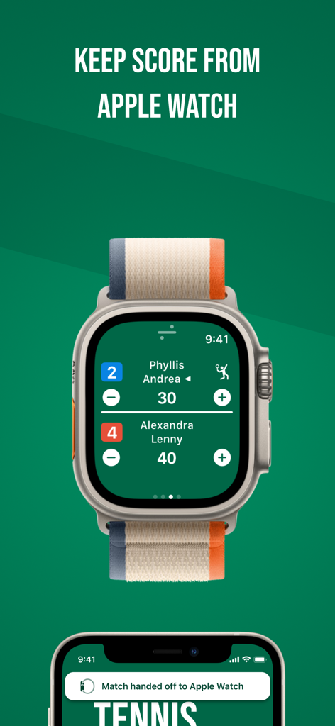 Tennis Scorecard App - Tennis Scorecard App auf einer Apple Watch zeigt Spielstände für ein Tennisspiel mit Benachrichtigung zur Übergabe an das iPhone.