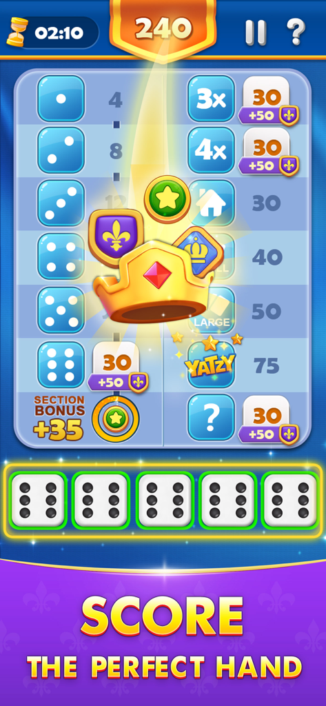 Yatzy Cash - Win Real Money - Yatzy Cash ゲーム画面。5つの6の完璧なロールで高スコアが表示されています。