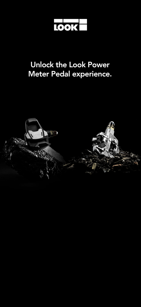 Pantalla introductoria promocional de la aplicación LOOK CYCLE que muestra pedales de potenciómetro de carretera y de bicicleta de montaña sobre un fondo negro.