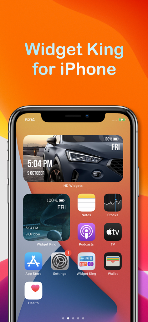Una pantalla de inicio de iPhone con widgets personalizados de coches de carreras y paisajes estéticos de la aplicación Widget King.