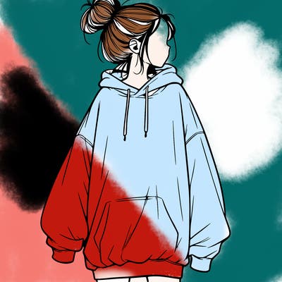 realistic girl with a oversized sweatshirt on and a bun