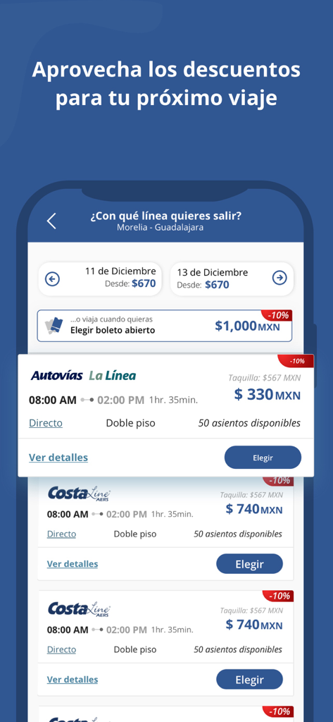 CostaLine - Rutas en Autobus - Pantalla de la app CostaLine mostrando opciones de rutas de autobús con precios de boletos con descuento para viajar en México