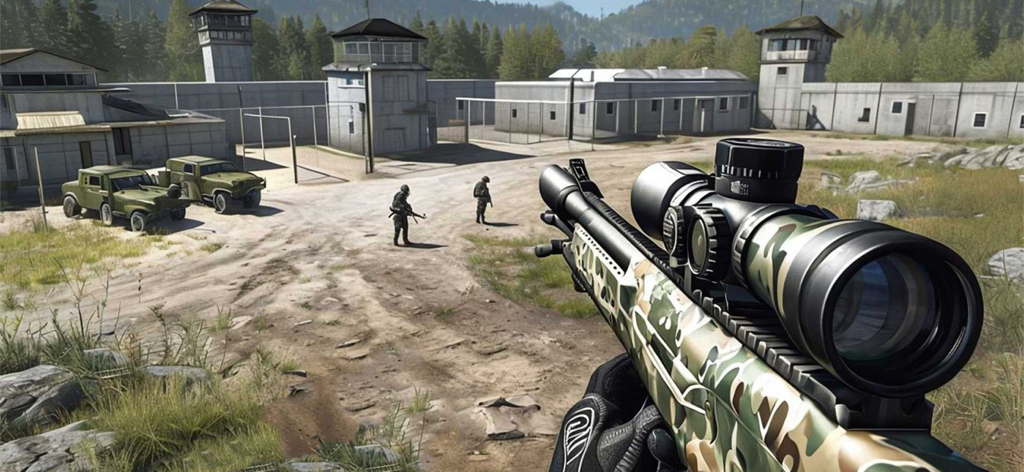 Secret Mountain Sniper Shooter - A first-person view of a camouflage sniper rifle aiming at a military base yard with enemy soldiers and guard towers.