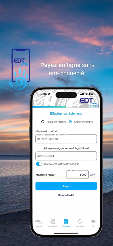 Electricité de Tahiti (EDT) - Electricite de Tahiti app interface showing online bill payment for visitors without login