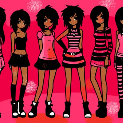 5 tall pretty e girls standing next to each other in emo outfits