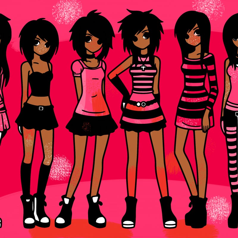 5 tall pretty e girls standing next to each other in emo outfits