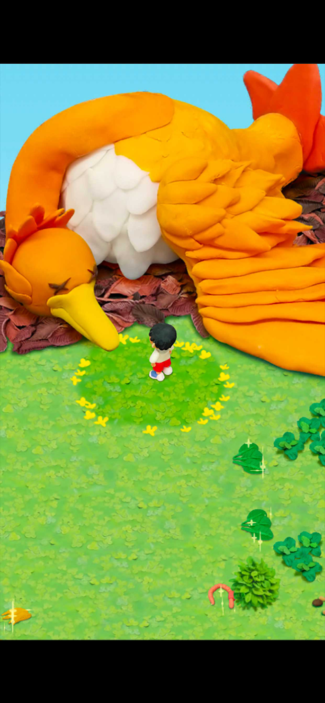 Clay Island - survival games - A small character standing on a green field next to a giant orange clay bird in Clay Island survival games.
