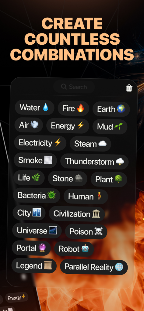 Infinite Elements - Craft Chem - Infinite Elements app screen displaying a list of various craftable elements including water fire and human for creating new combinations