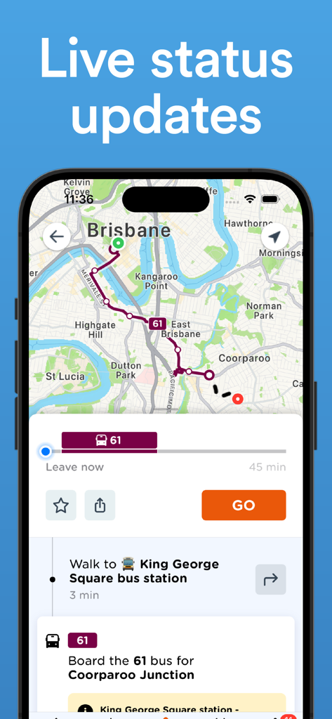 Chicago Transit: CTA Tracker - Chicago Transit app screenshot showing live status updates with a transit route map and step by step navigation directions