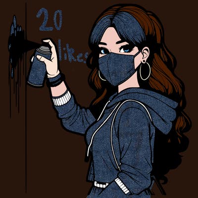 realistic girl with mask spray painting a wall