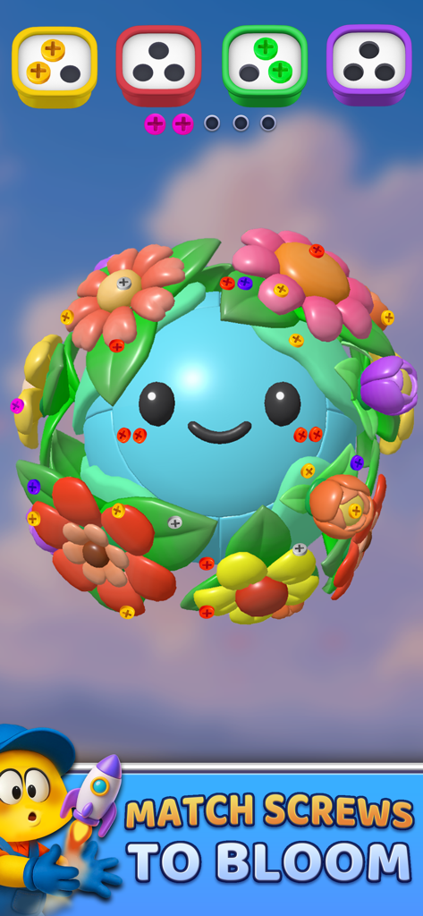 Screw Out Factory: Puzzle 3D - Puzzle sferico floreale 3D con viti colorate e testo 'match to bloom' (abbina per fiorire)