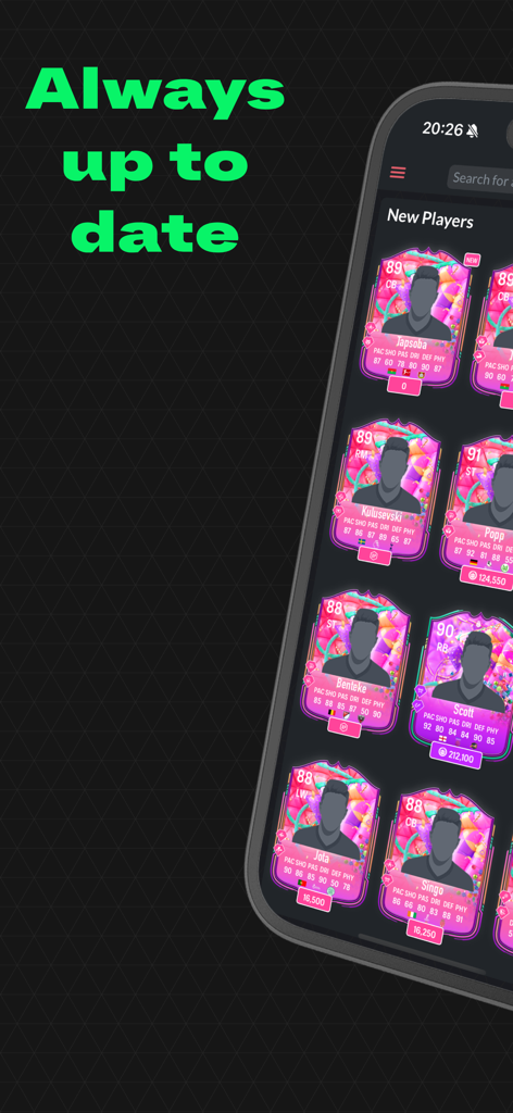 FUT Mind 26 - Players database - Smartphone screen displaying the latest player cards and ratings in the FUT Mind 26 app database