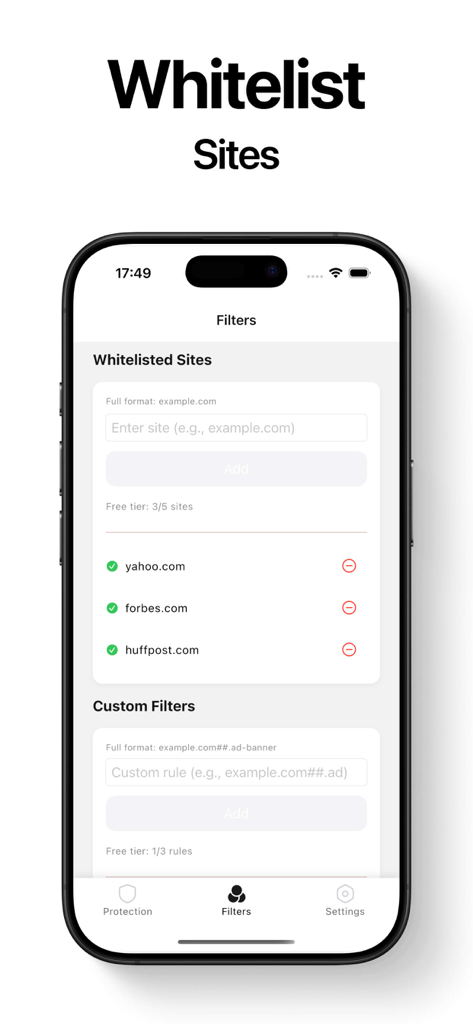 Ad Blocker for Browser . - iPhone screenshot showing the whitelist and custom filters configuration screen for the Safari ad blocker app.