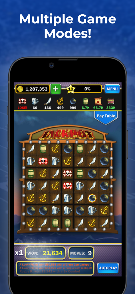 Jackpot Gems - Jackpot Gems mobile game screen showing pirate themed match 3 gameplay and rewards
