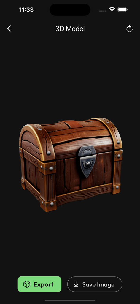 AI 3D Model Generator - Obloid - A preview of an AI-generated 3D wooden treasure chest in the Obloid mobile app