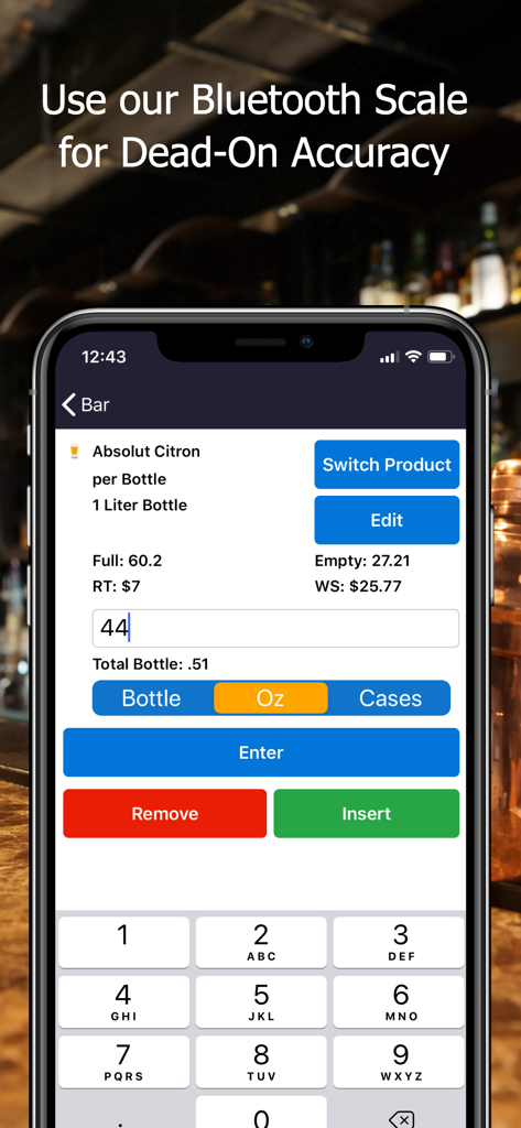 Bar Patrol Inventory App - Bar Patrol Inventory app interface showing bottle weight data for precise inventory tracking