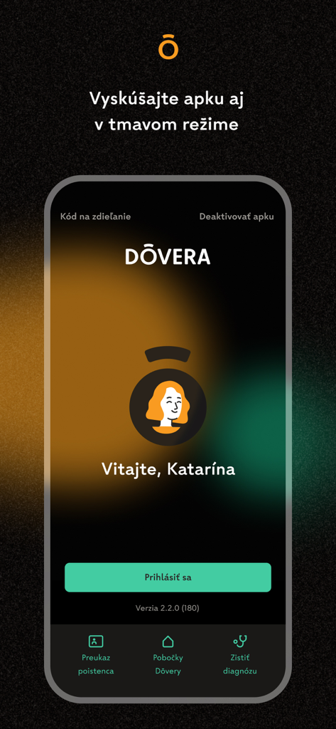 Dôvera - Pantalla de inicio de sesión de la aplicación móvil de seguro médico Dôvera que muestra una interfaz de modo oscuro con una bienvenida personalizada y un menú de navegación.