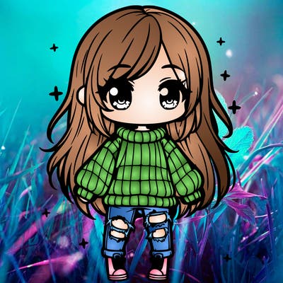 chibi girl with ripped jeans,long hair, and an oversized sweater