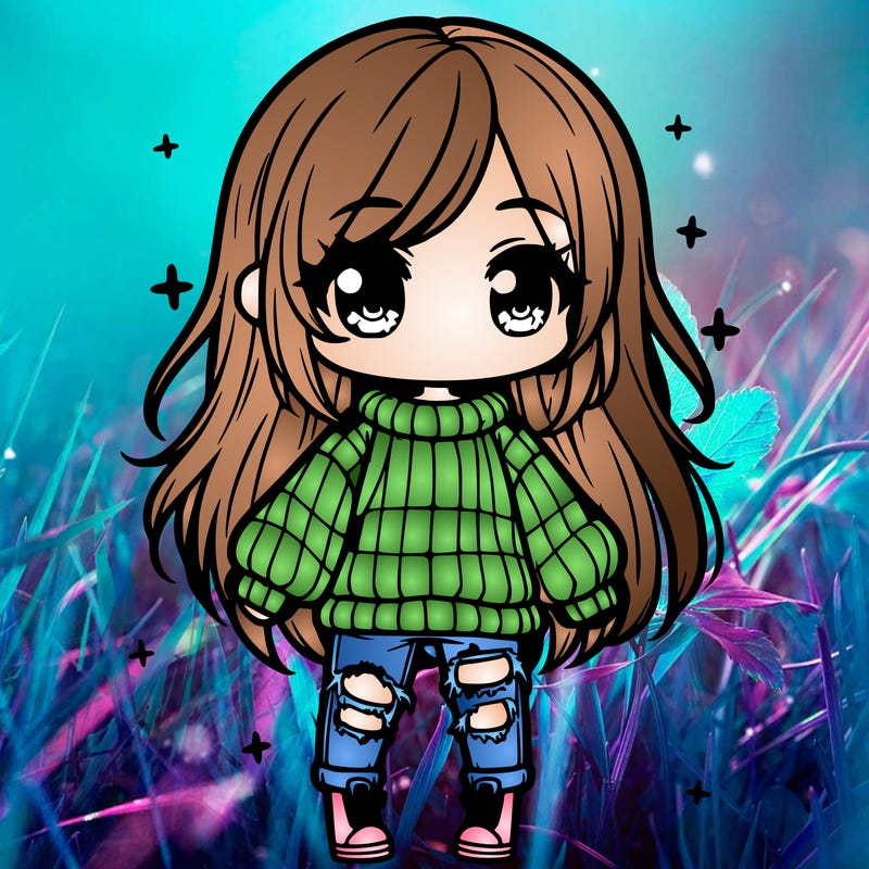 chibi girl with ripped jeans,long hair, and an oversized sweater