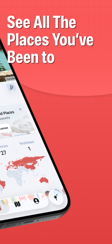 Smartphone screen showing a travel map with highlighted visited countries and travel statistics.