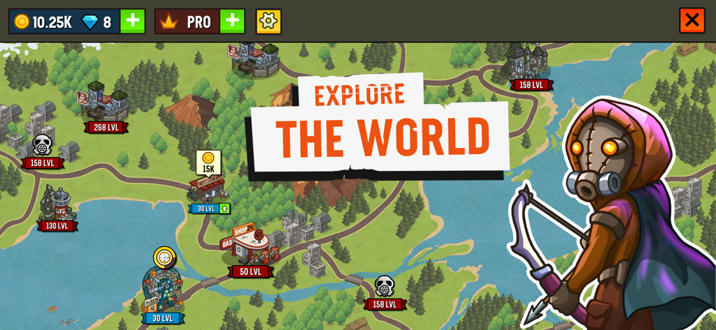 Camp Defense - Um mapa tático do mundo no jogo Camp Defense mostrando vários locais e marcadores de nível para explorar.