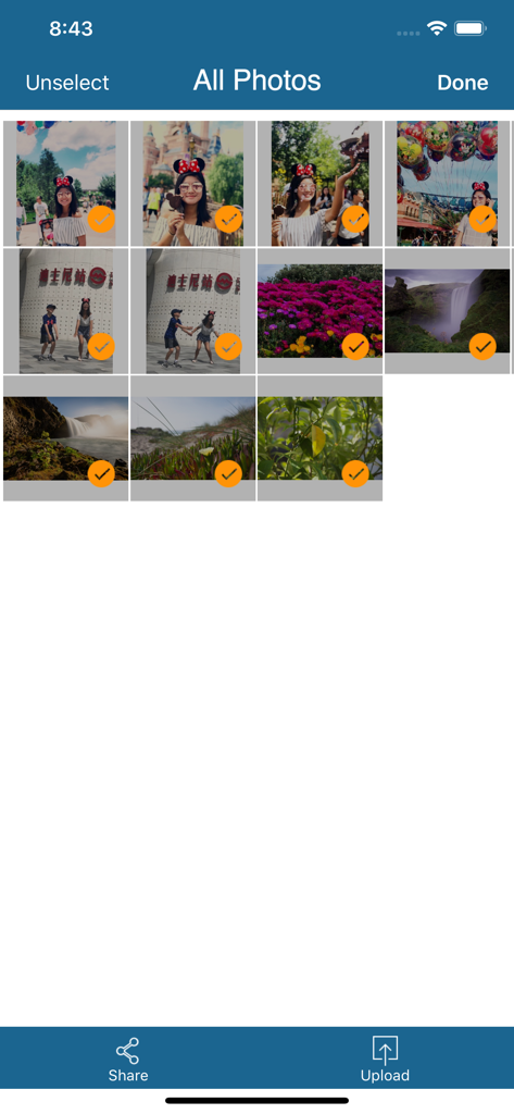Interfaz para seleccionar y compartir múltiples fotos en la aplicación iTransfer