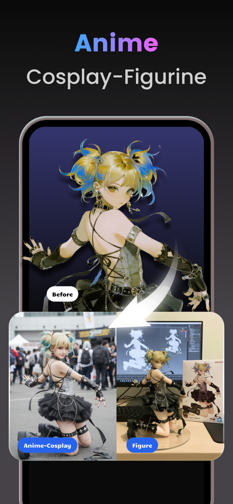 AI Video Generator & Photo AI - AI app transforming an anime character illustration into a realistic cosplay photo and a 3D figurine