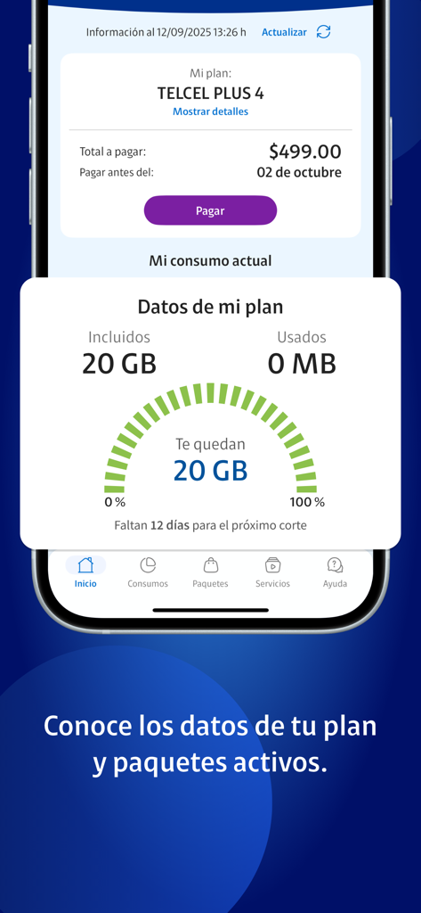 Interfaz de la app Mi Telcel mostrando detalles del plan móvil y un medidor de consumo de datos