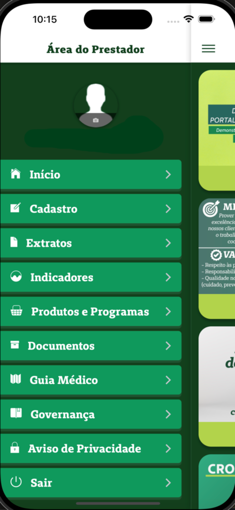 Unimed Santos - Menú del área de proveedores en la aplicación móvil Unimed Santos